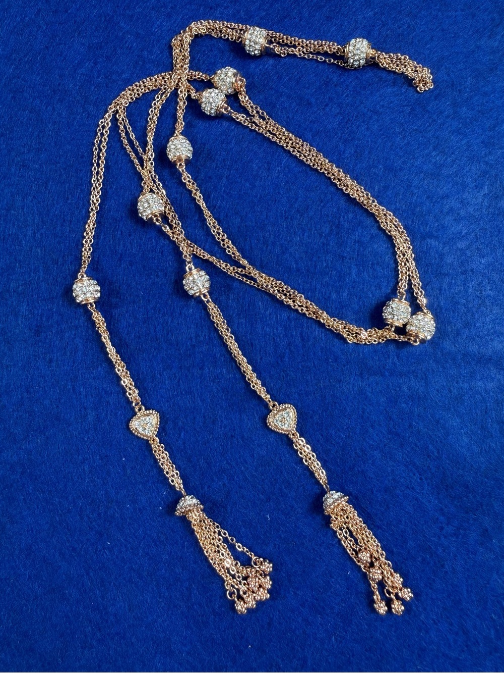 Rose Gold station bead & dangling tassel necklace.